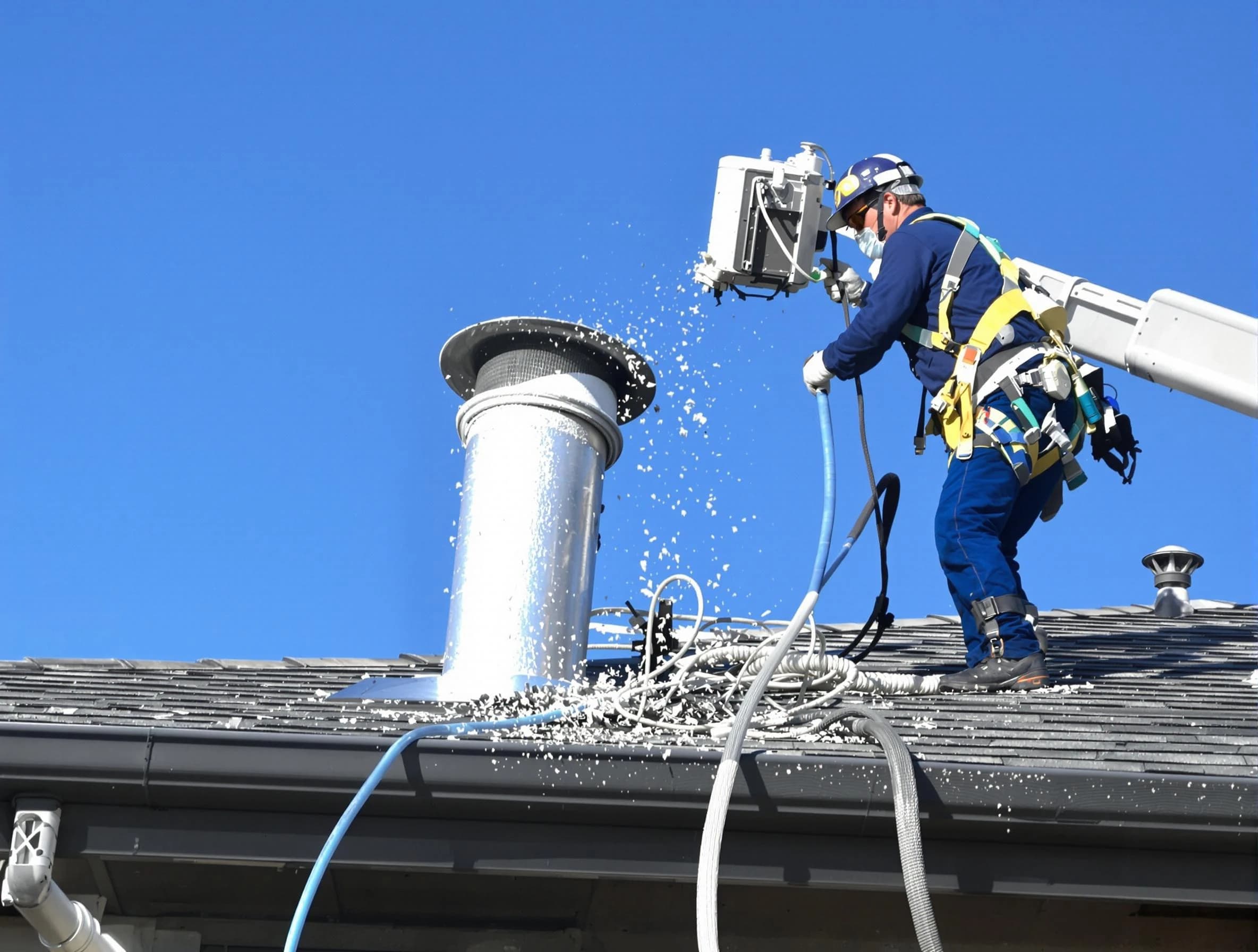 Clarksville Dryer Vent Cleaning certified technician safely cleaning a roof-mounted dryer vent in Clarksville