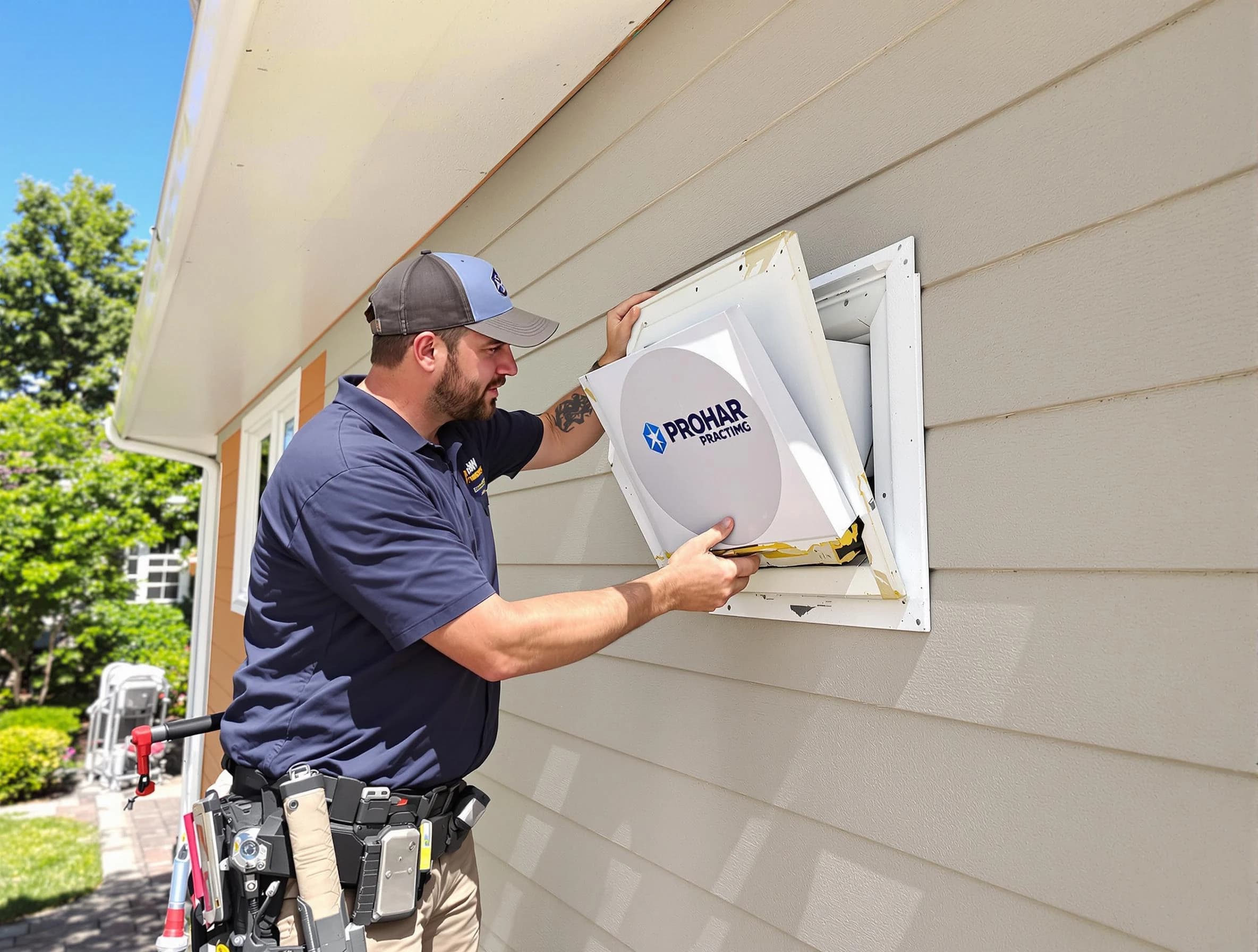 Clarksville Dryer Vent Cleaning technician installing a new protective dryer vent cover on a home in Clarksville