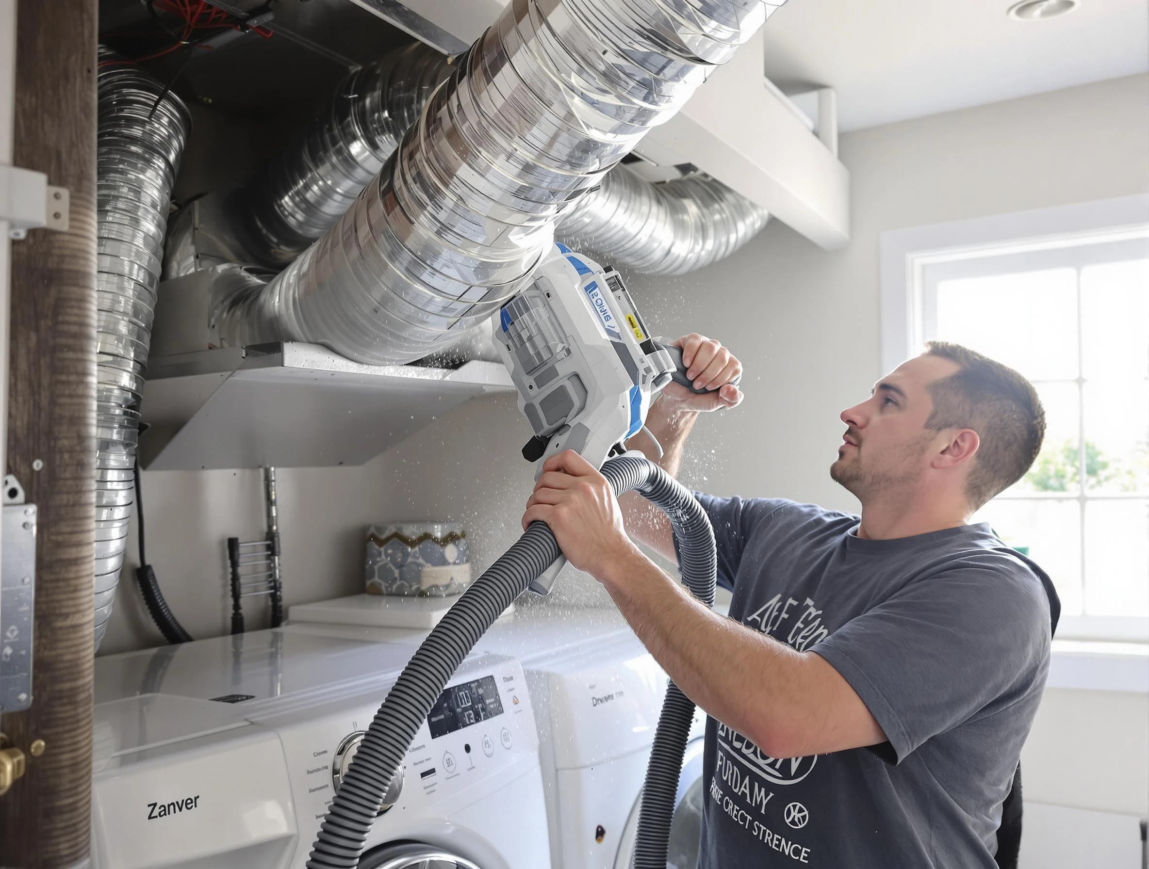 Clarksville Dryer Vent Cleaning specialist cleaning deep within a dryer vent duct system in Clarksville