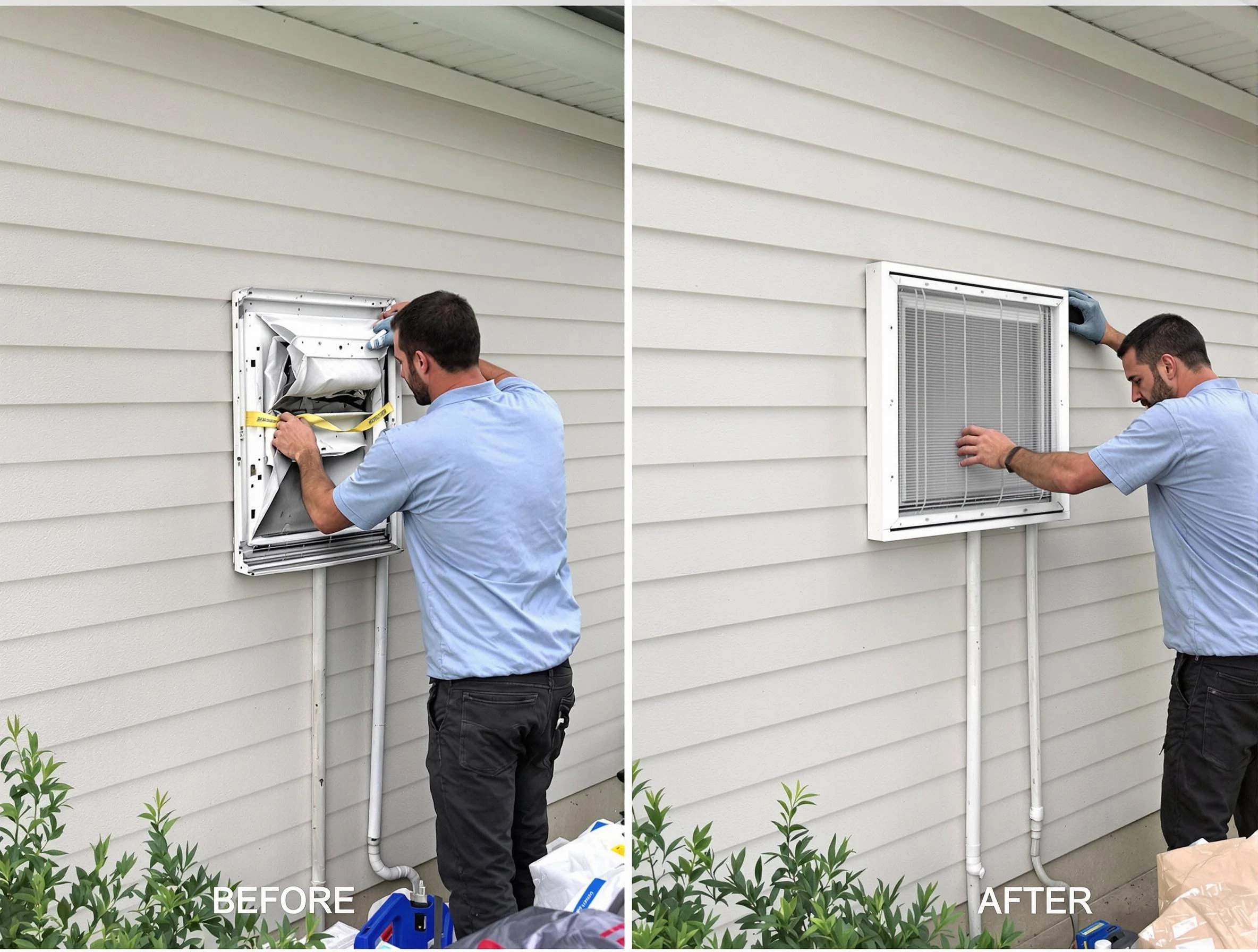 Clarksville Dryer Vent Cleaning technician installing high-quality dryer vent cover at a residential property in Clarksville